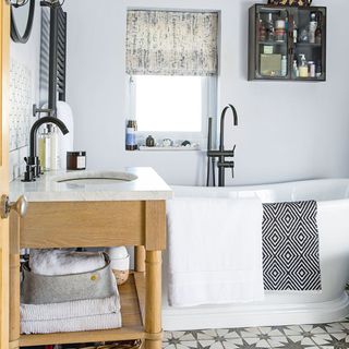 traditional grey bathroom with bath