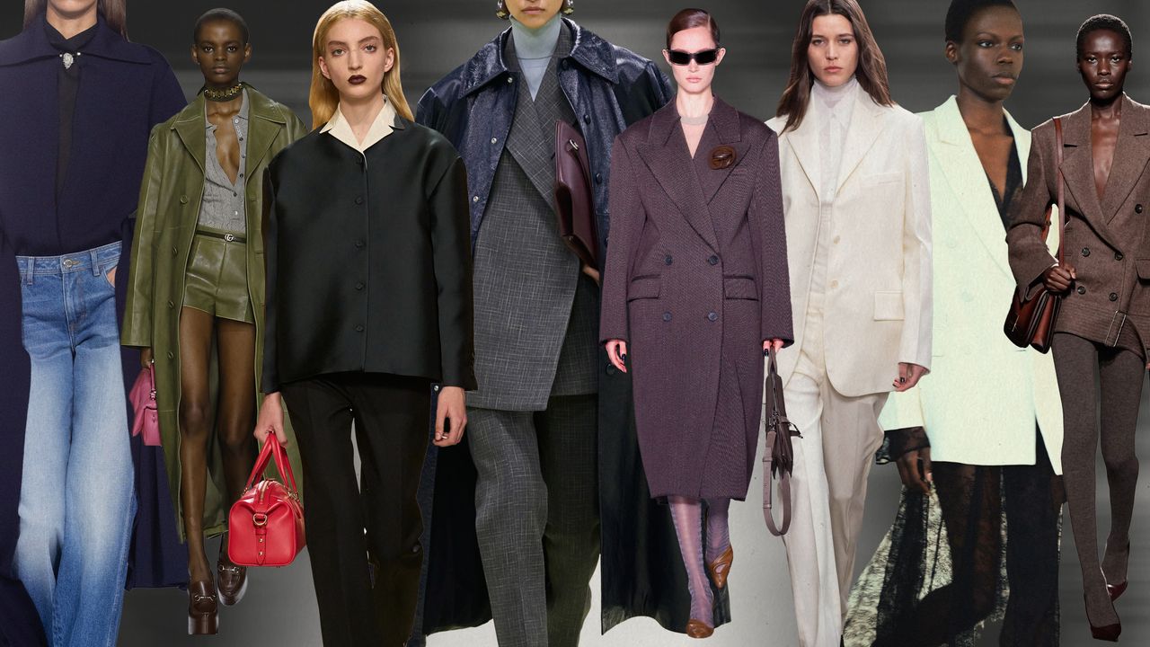 A collage of FW24 runway images showcasing styling ideas from Bally, Brandon Maxwell, Gucci, Tory Burch, Proenza Schouler, Jil Sander, Altuzarra, and Ferragamo