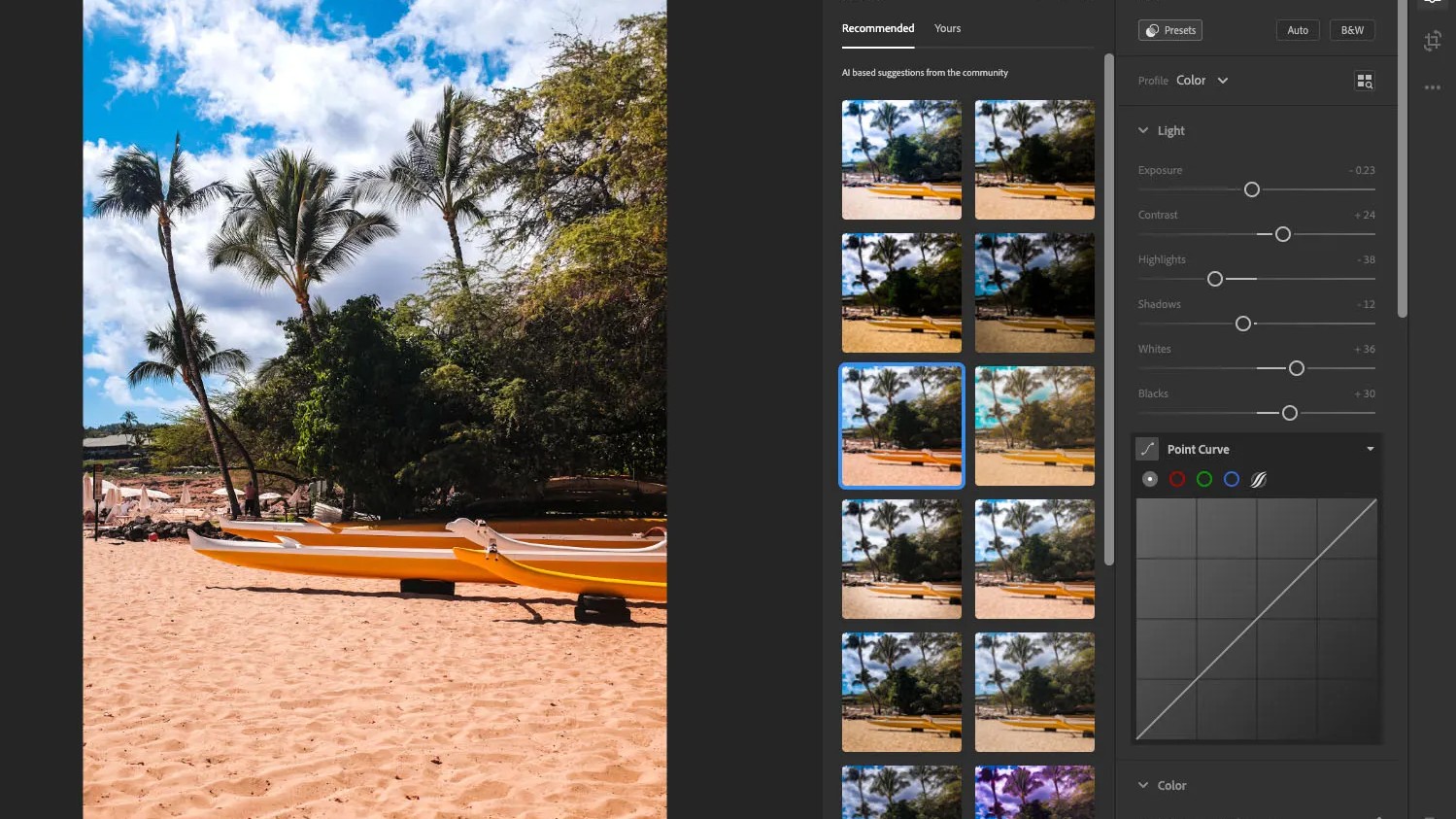 Beach scene with different presets applied