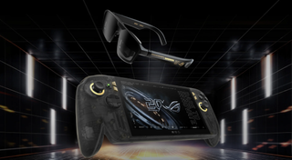 ASUS ROG Ally X20 handheld gaming PC with a translucent black shell and gold accents displayed beneath bundled ROG XREAL R1 AR glasses in a futuristic neon-lit showcase.