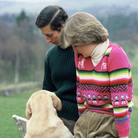 King Charles and his yellow lab; King Charles and Princess Diana with the dog