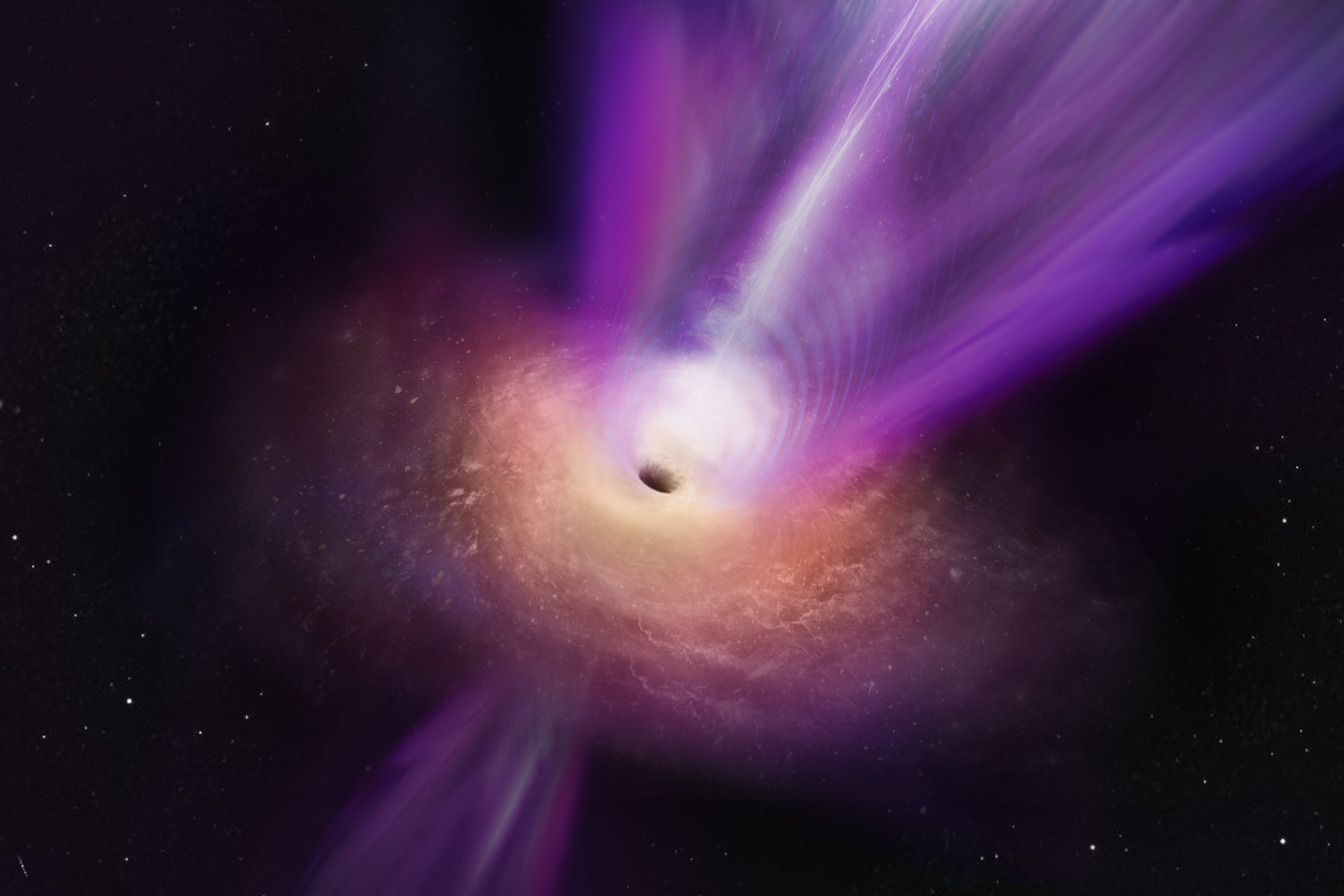An artist's impression of the supermassive black hole in the galaxy M87 and its powerful jet.
