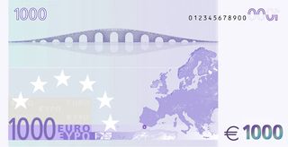 ’Euro-Afro’ by Bjarke Ingels Group. The front of a post card which looks like money with 1000 Euro, a bridge, stars and a map on it