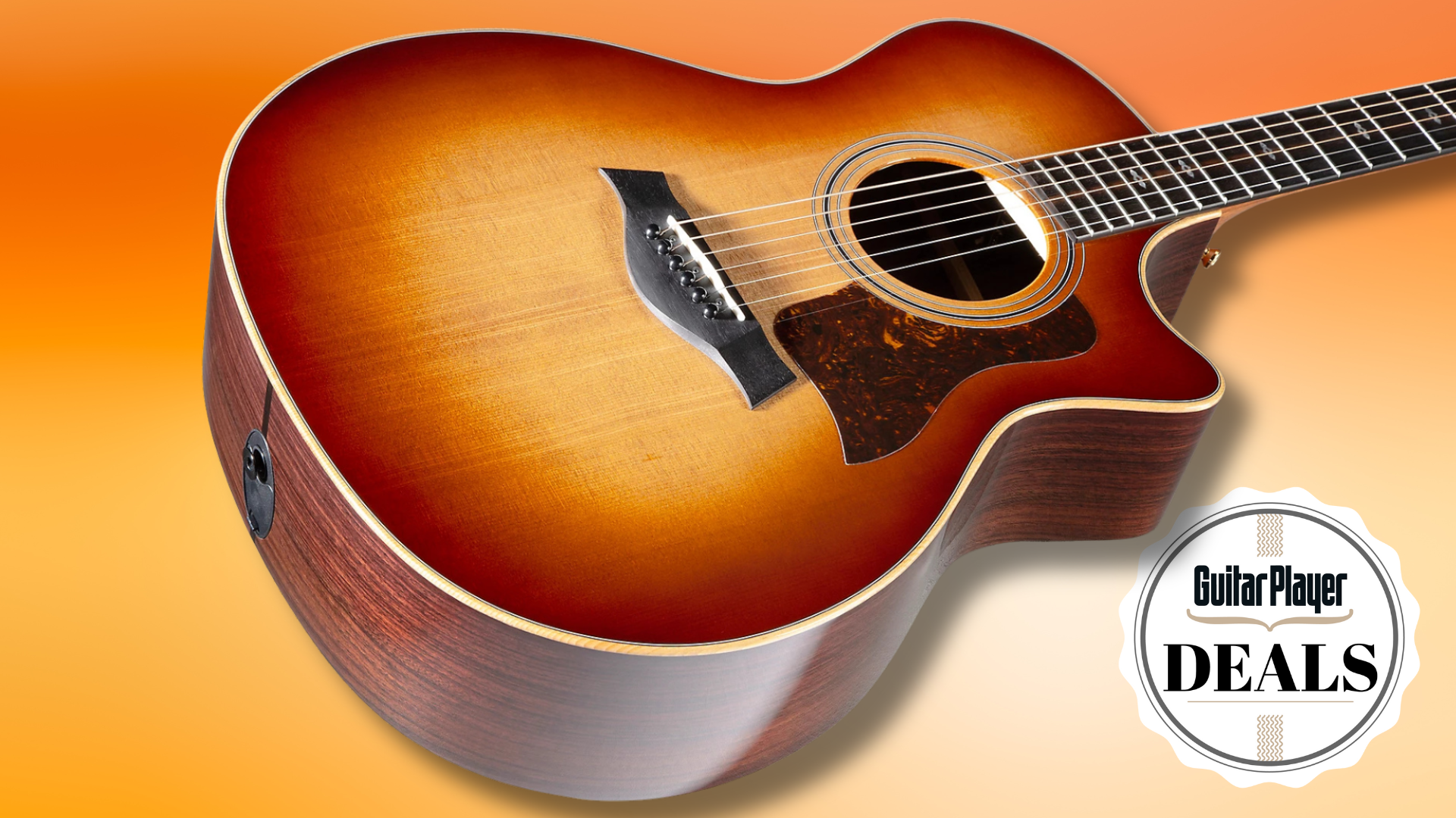 A Taylor 414ce acoustic guitar on an yellow and orange background with the Guitar Player deals logo in the corner