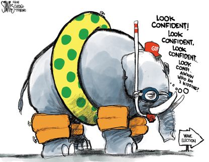 Political cartoon U.S. GOP midterms 2018 blue wave republicans confidence