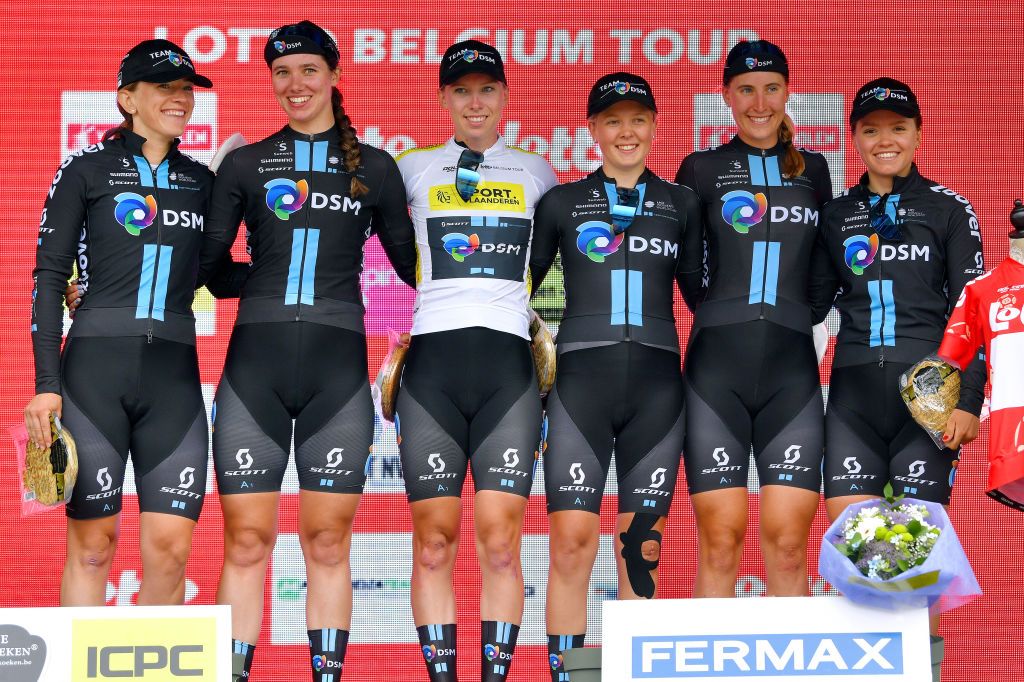 GERAARDSBERGEN BELGIUM JUNE 25 Susanne Andersen of Norway Pfeiffer Georgi of The United Kingdom Franziska Koch of Germany Wilma Olausson of Sweden Julia Soek of The Netherlands Lorena Wiebes of The Netherlands and Team DSM White Best Young Rider Jersey celebrate at podium Best Team Trophy during the 9th Lotto Belgium Tour 2021 Stage 3 a 1011km stage from Geraardsbergen to Geraardsbergen 101m LottoBelgTour LottoBelgiumTour on June 25 2021 in Geraardsbergen Belgium Photo by Luc ClaessenGetty Images