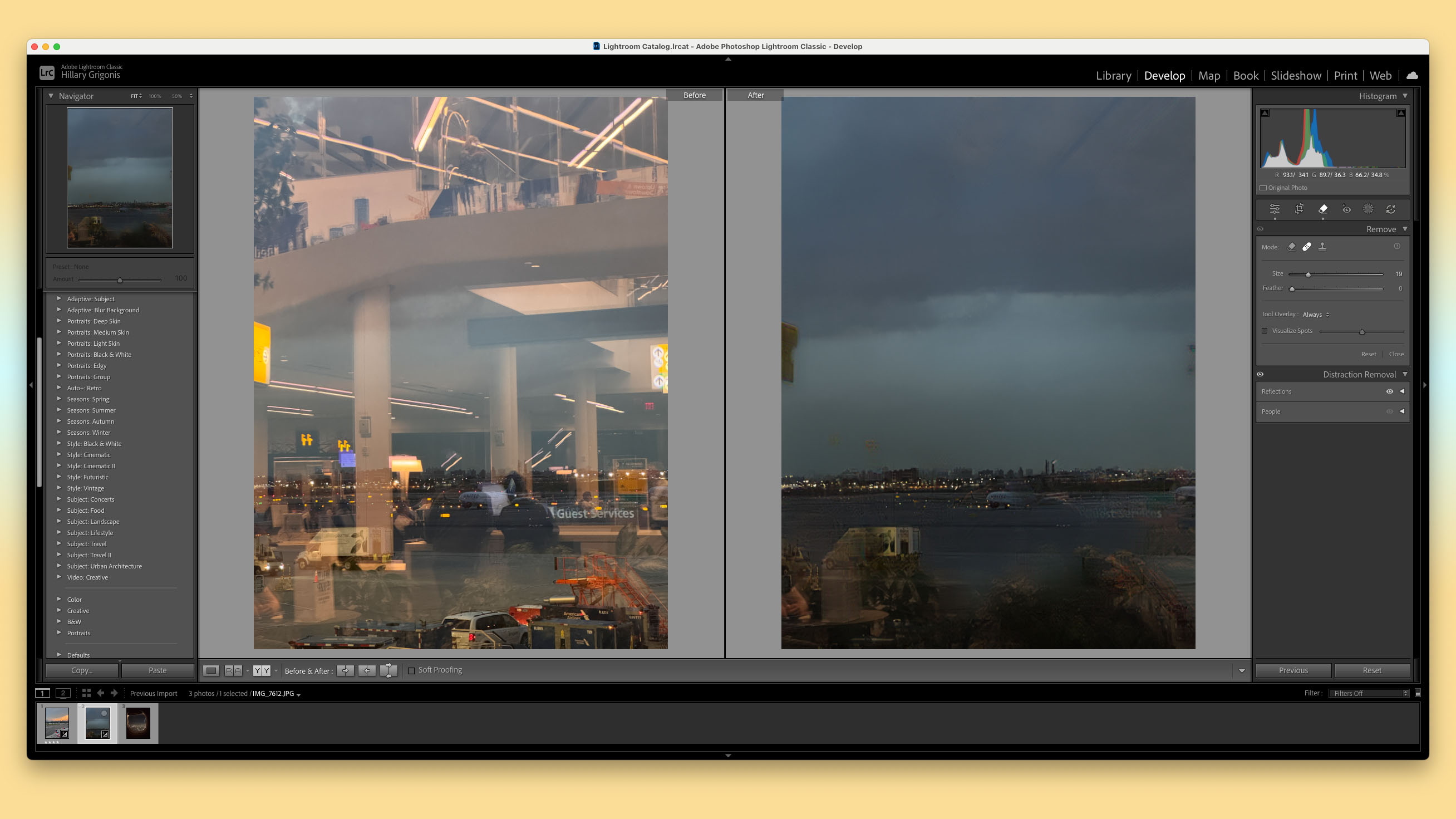 A screenshot of the reflection removal tool in Adobe Lightroom