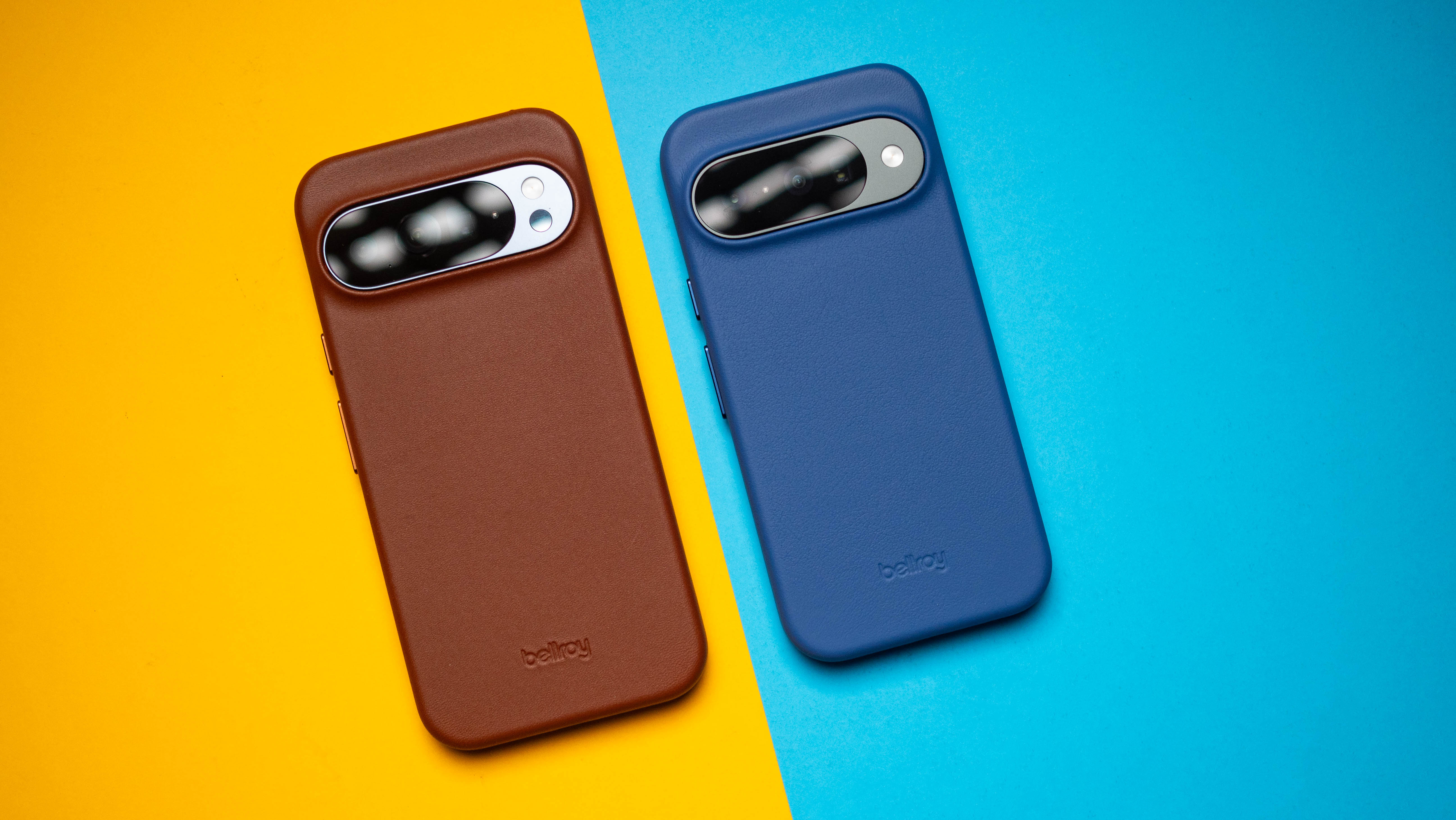 Bellroy Pixel 10 Leather Case against colorful backgrounds on Android Central