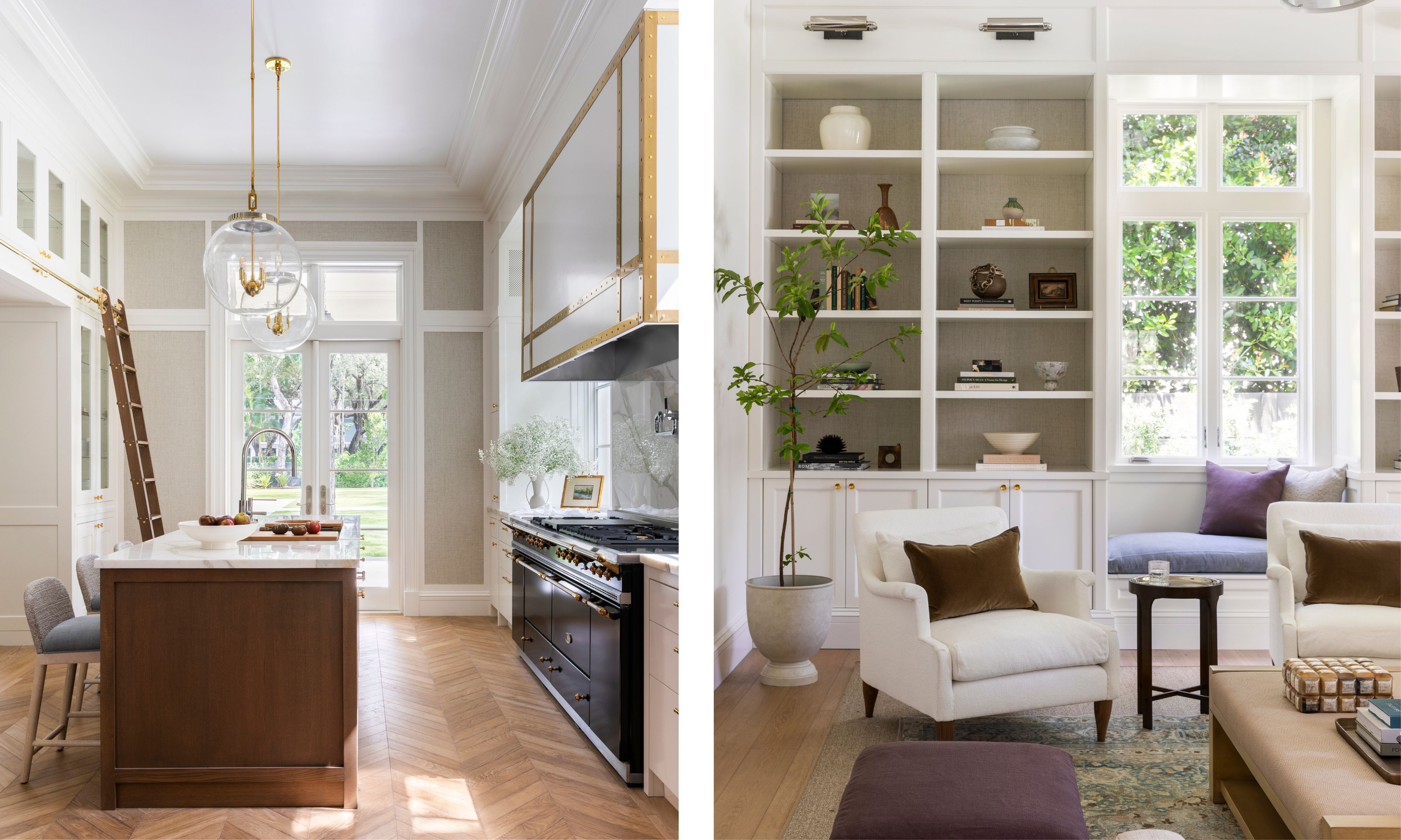 two side by side images - on the left an all white kitchen with tall cabinetry and a dark wooden island, on the right a bright family room with bookcases built around a window seat