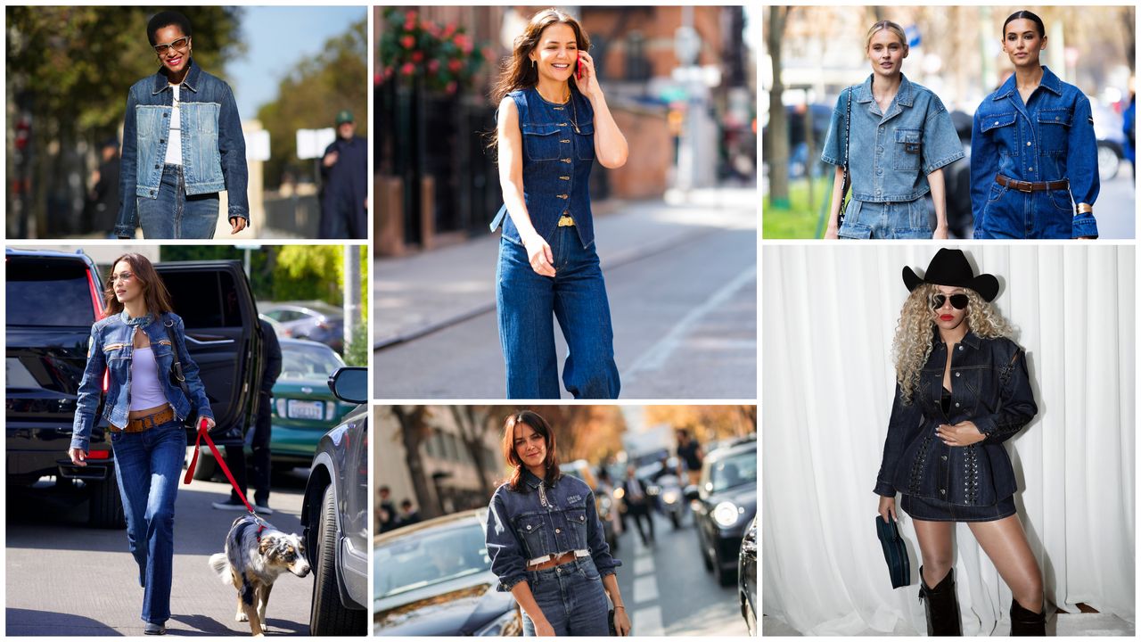 six images of denim on denim outfits, including fashion week street style, Bella Hadid, Katie Holmes, and Beyonce