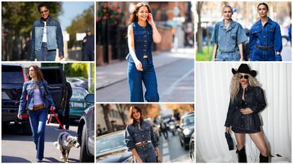 four images of denim on denim outfits, including fashion week street style,, Katie Holmes, and Beyonce