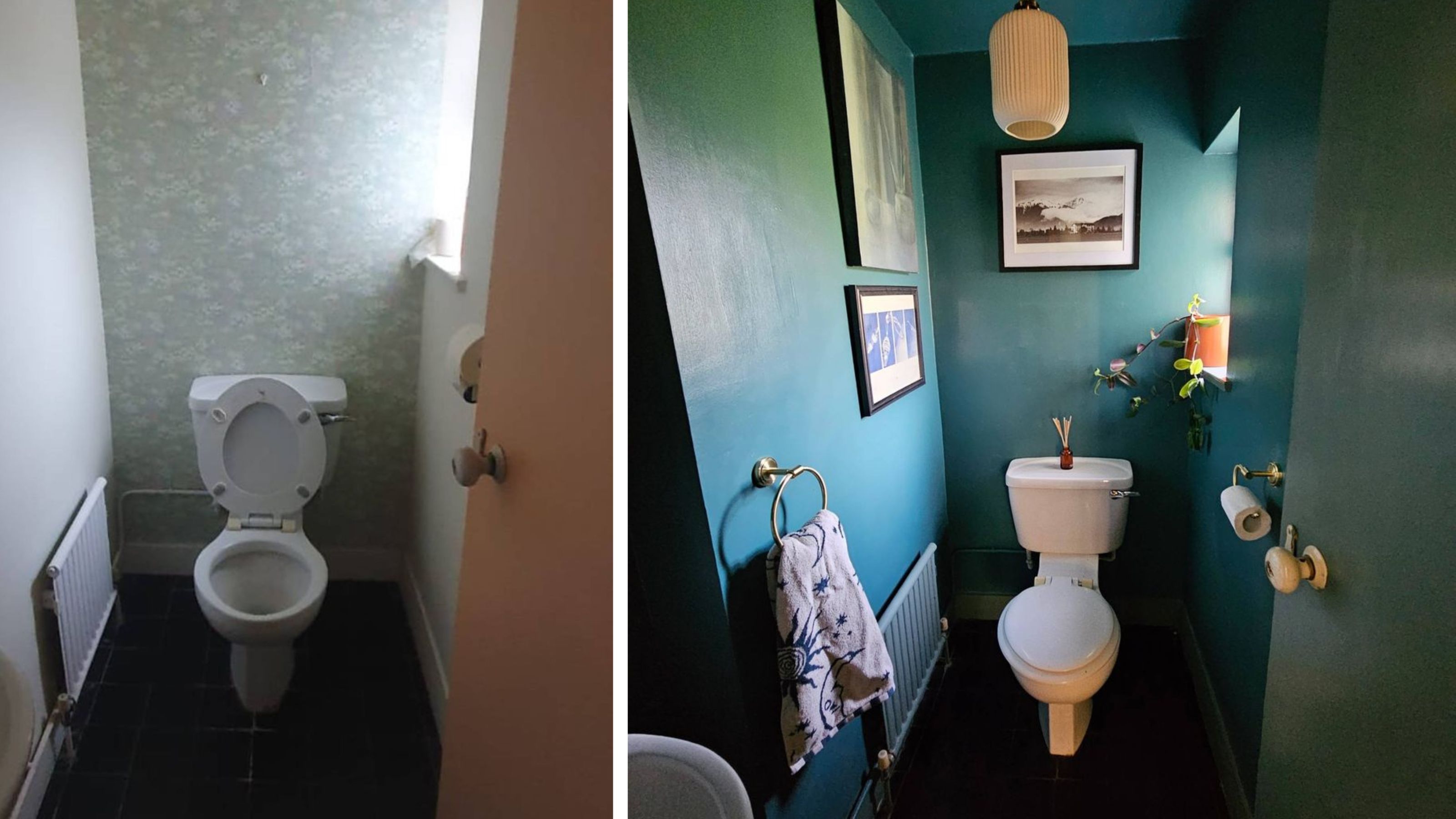 Before and after pictures of a DIY WC makeover, the before is a tired and dated looking WC, while the after has a bolder warm navy colour scheme, brass accessories and a pendant light