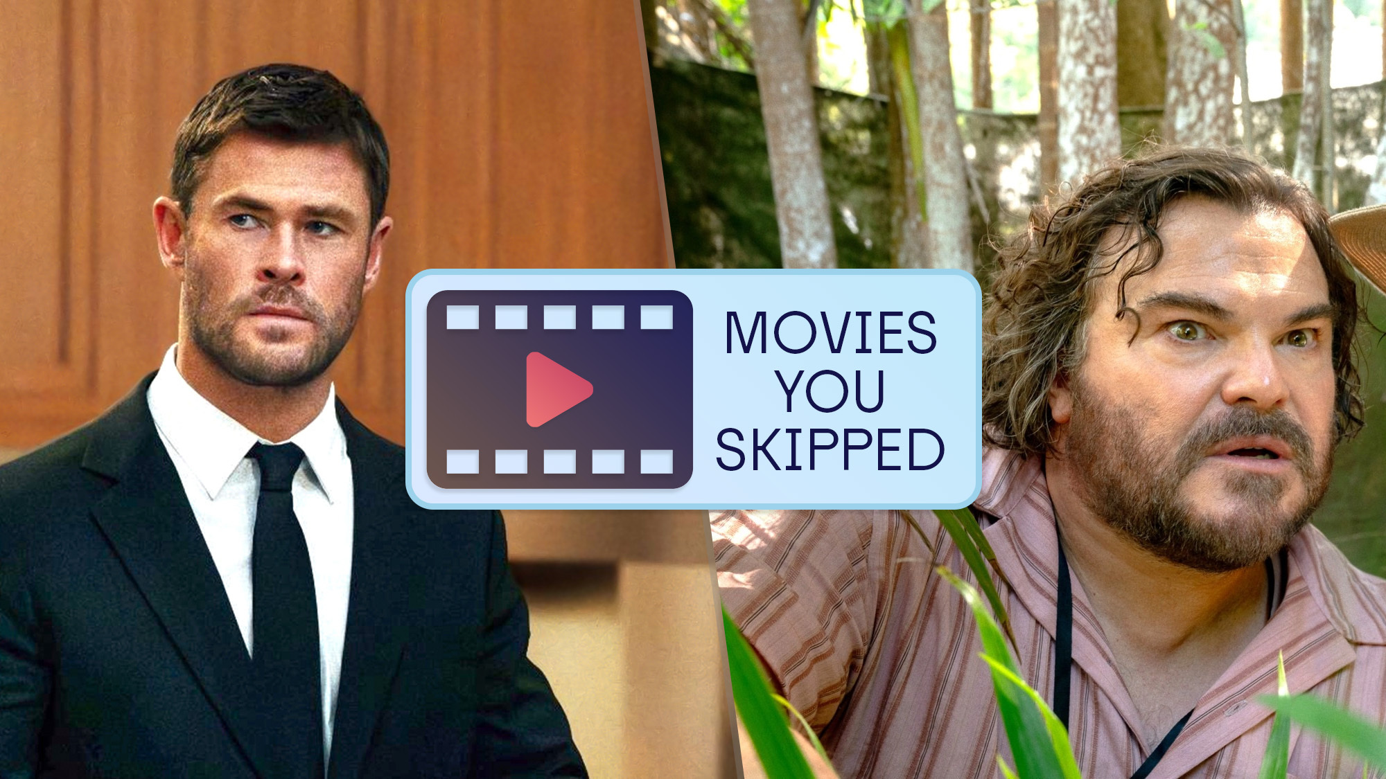 (L-R) Chris Hemsworth as Mike in "Crime 101" and Jack Black as Doug McCallister in "Anaconda"