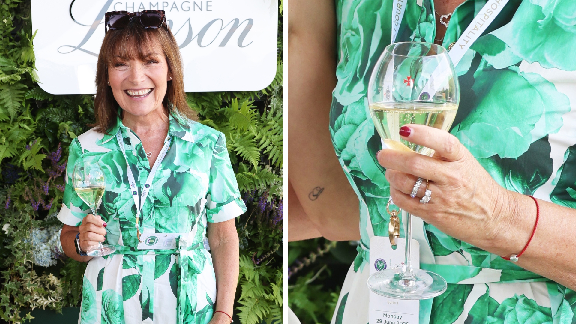 Lorraine Kelly pictured at Wimbledon 2026 wearing a green and white leaf-print dress (L) close up picture of her raspberry red nails