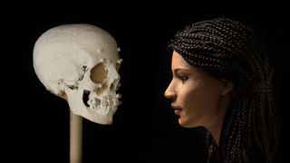 Skull and digital reconstruction of an ancient female Egyptian woman dubbed "Meritamun." The reconstruction shows the profile of a woman with braided hair.