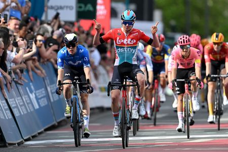 FRANKFURT AM MAIN GERMANY MAY 01 Maxim Van Gils of Belgium and Team Lotto Dstny celebrates at finish line as race winner ahead of Alex Aranburu of Spain and Ivan Garcia Cortina of Spain and Movistar Team during the the 63rd EschbornFrankfurt 2024 a 2015km one day race from Eschborn to Frankfurt am Main UCIWT on May 01 2024 in Frankfurt am Main Germany Photo by Christian KasparBartkeGetty Images