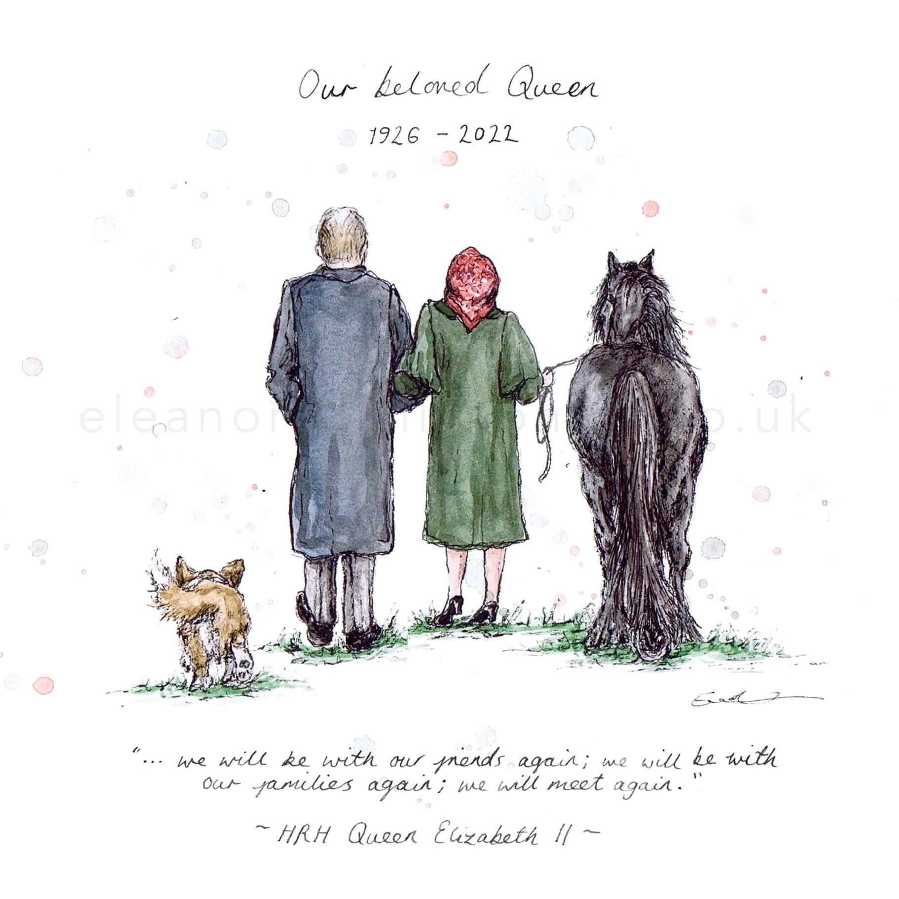Illustration of the Queen walking next to Prince Philip