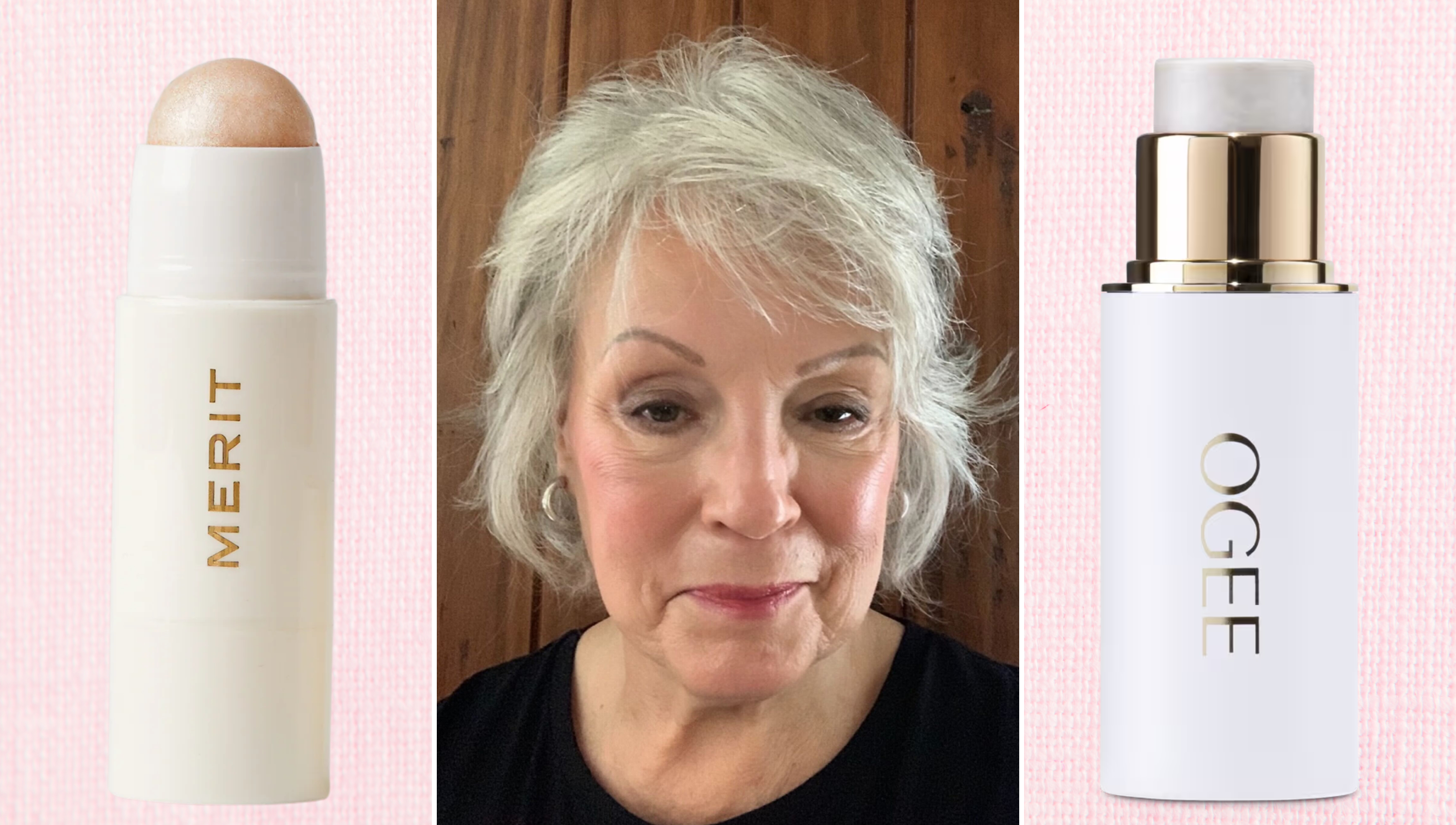 an older woman with highlighted skin on a pink background next to two sticks of highlighter