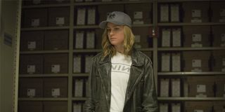 Brie Larson wearing Nine Inch Nails shirt and SHIELD hat in Captain Marvel