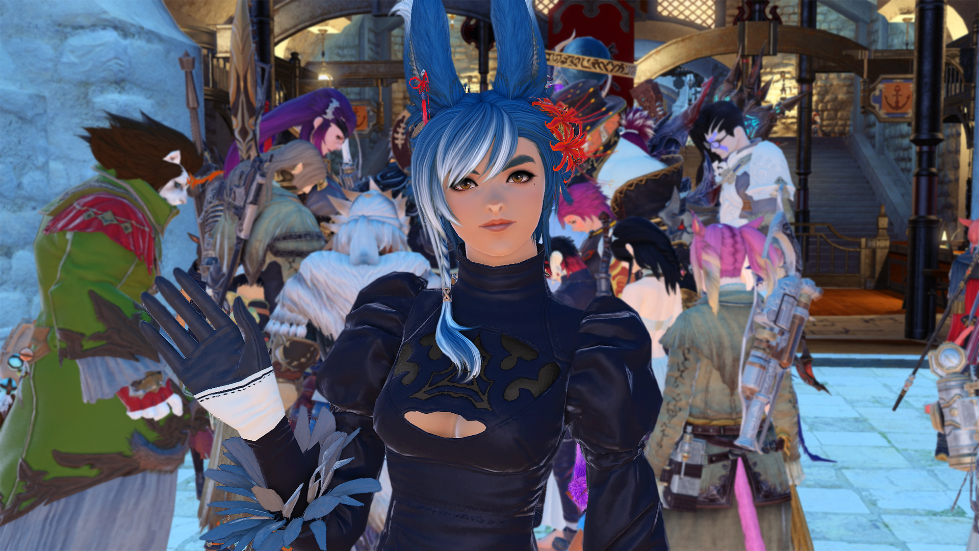 Final Fantasy 14 Endwalker launch day close-up of Viera with large crowd of players behind