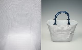 Left: the inside of a white bag, lined with the words "Protect me from what I want". Right: white bag with black handles and white feather accessory