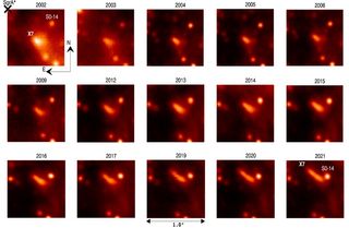 Images captured with Keck Observatory's NIRC2 instrument and adaptive optics showing X7's evolution between 2002-2021.