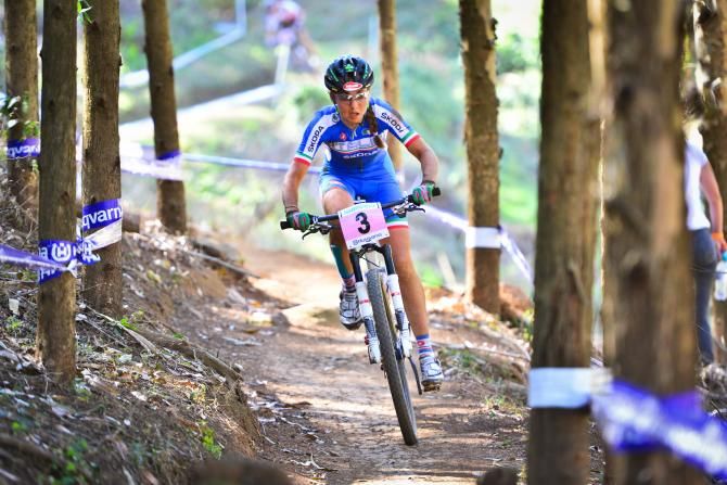 Eva Lechner of Italy was in a good position before she had a bad crash on the Sharka's Playground section