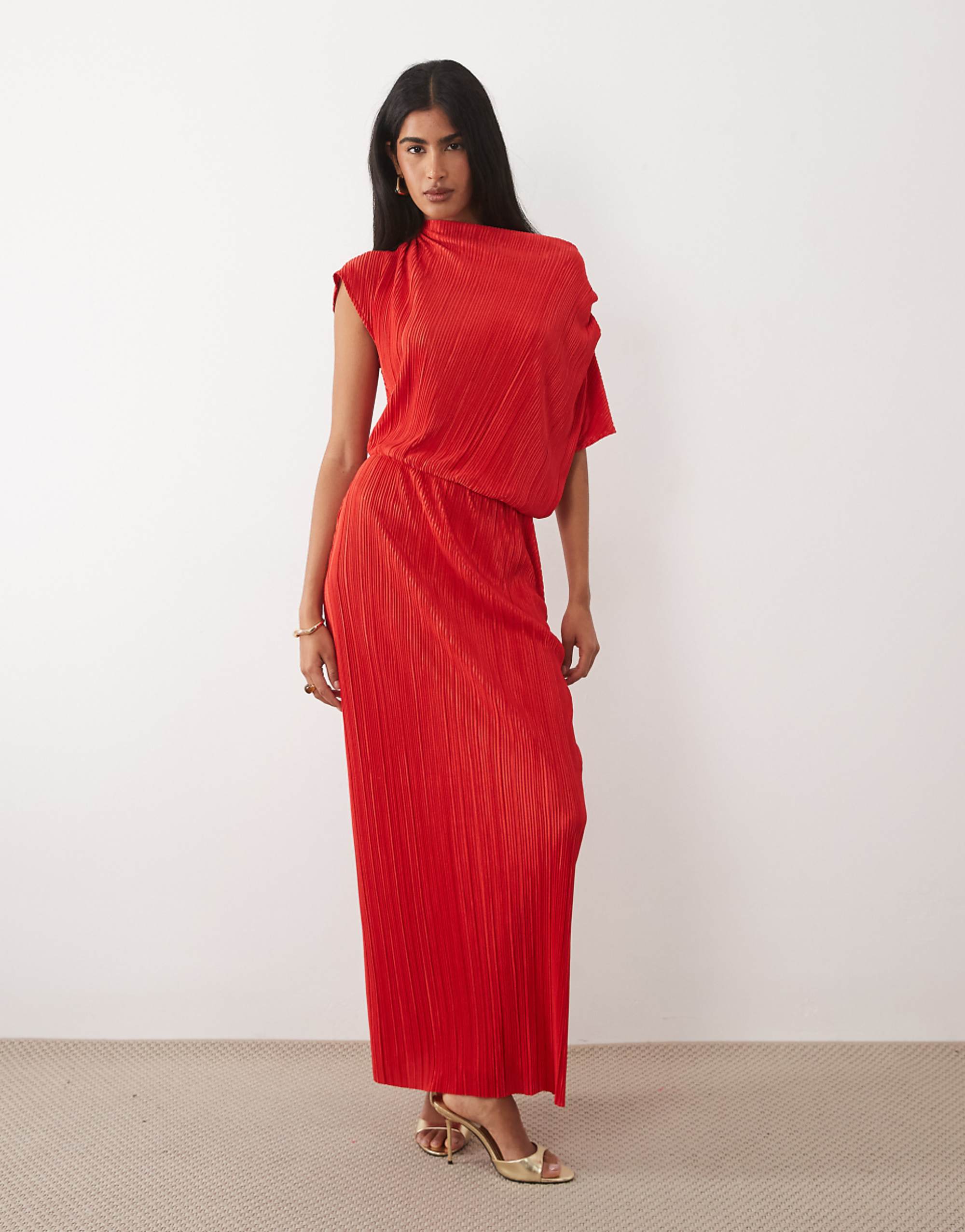 Asos Design Plisse Draped Waist Midi Dress in Red