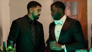 Isaiah Stiles (Matthew Law) and Coltrane Wilder (Y'lan Noel) in formalwear in a scene from Netflix's "Nemesis"