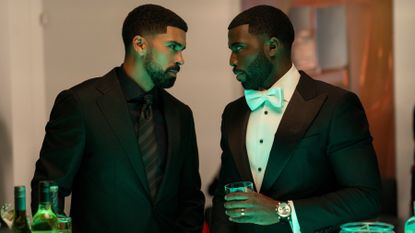 Isaiah Stiles (Matthew Law) and Coltrane Wilder (Y'lan Noel) in formalwear in a scene from Netflix's "Nemesis"