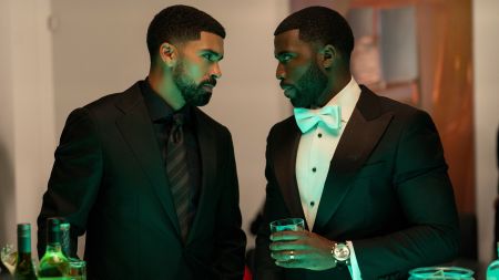 Isaiah Stiles (Matthew Law) and Coltrane Wilder (Y'lan Noel) in formalwear in a scene from Netflix's "Nemesis"