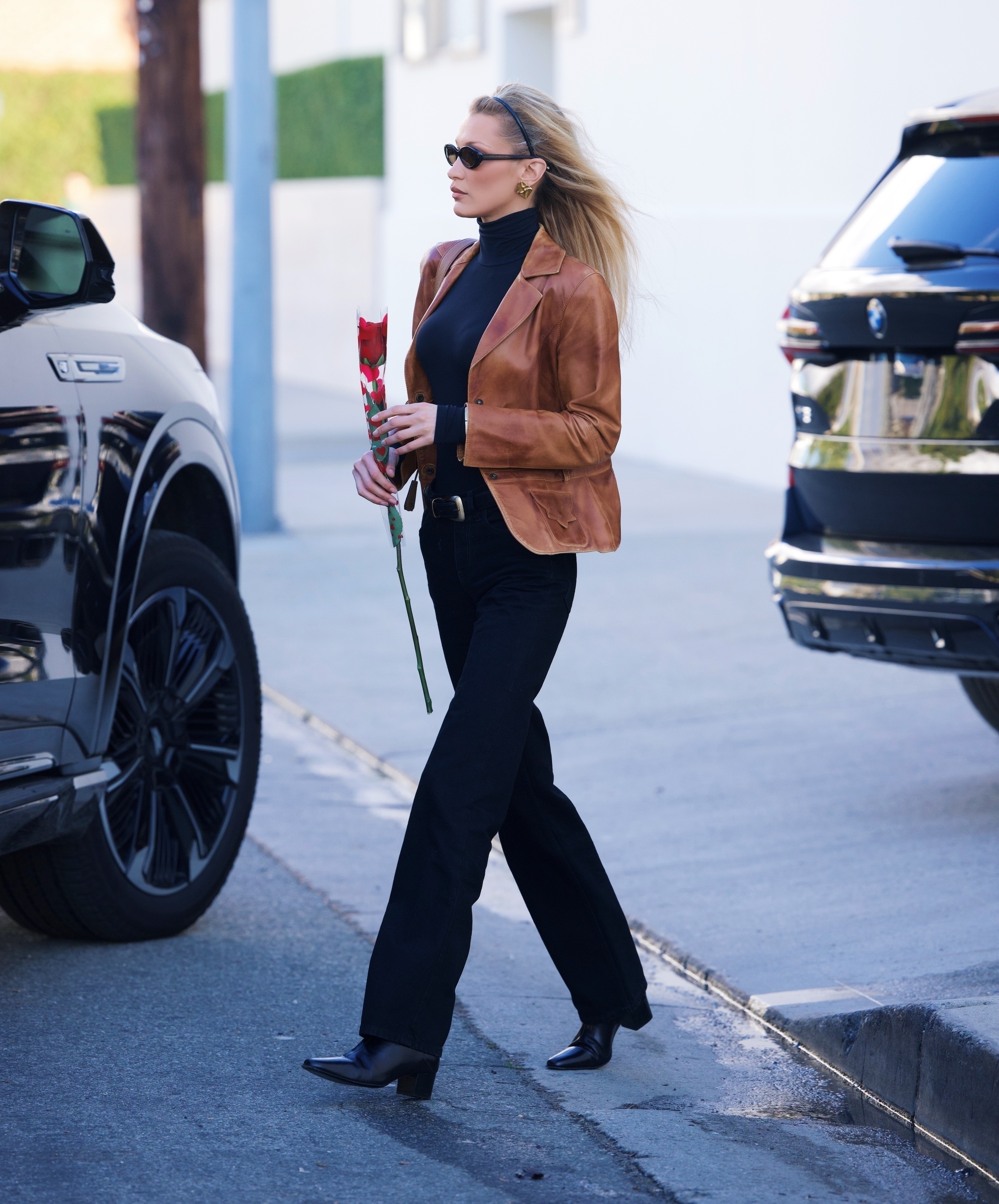 Bella Hadid tested the Spring 2026 leather blazer trend with a turtleneck and pointy boots