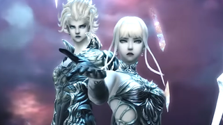 An image of two imposing figures - one female, one male - from the Omega Protocol, an ultimate in Final Fantasy 14.