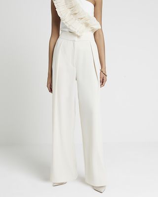 River Island, Cream Pleated Wide Leg Trousers