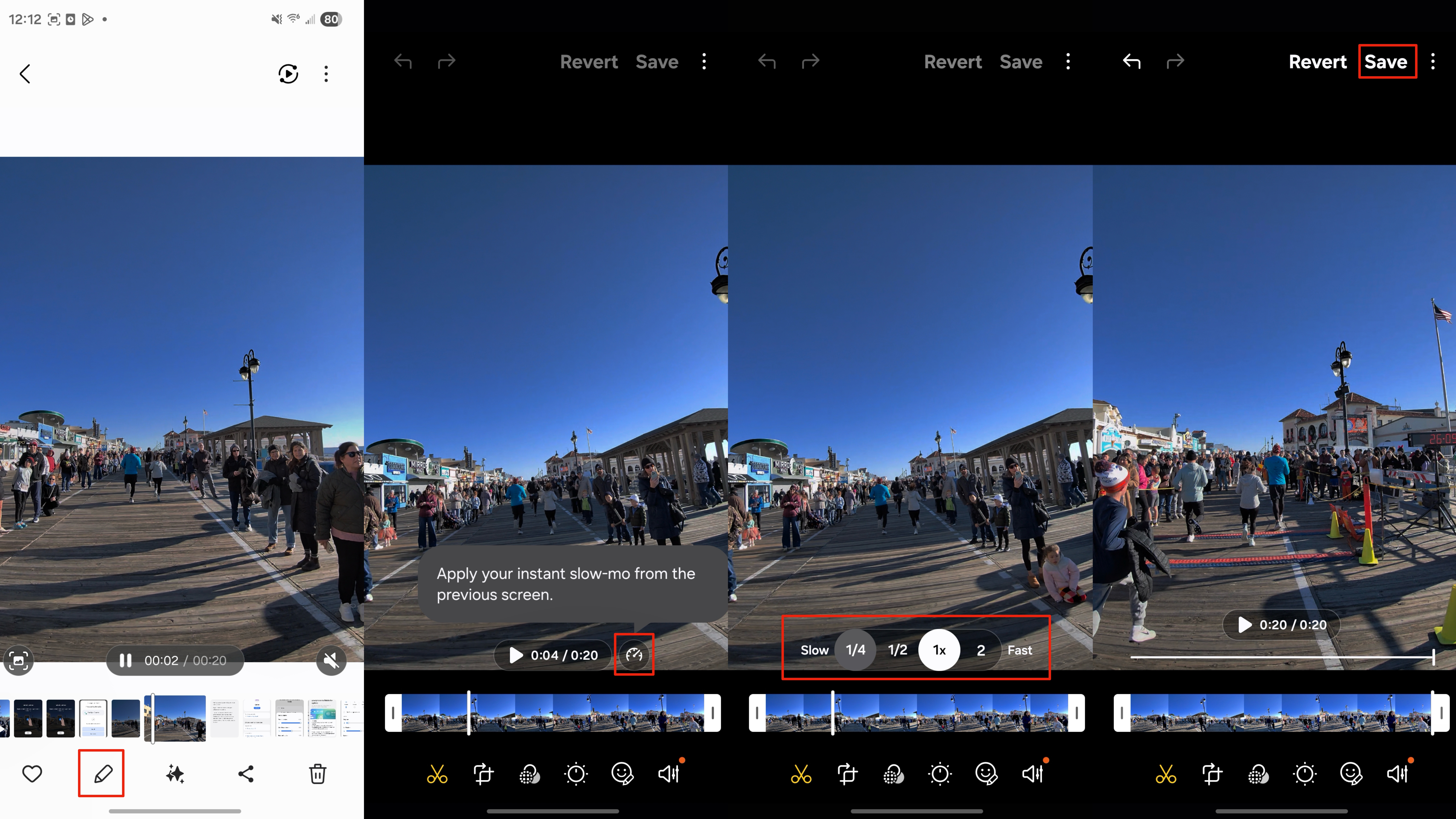 Steps for using instant slow-mo in the Samsung Gallery app on a Galaxy S25.