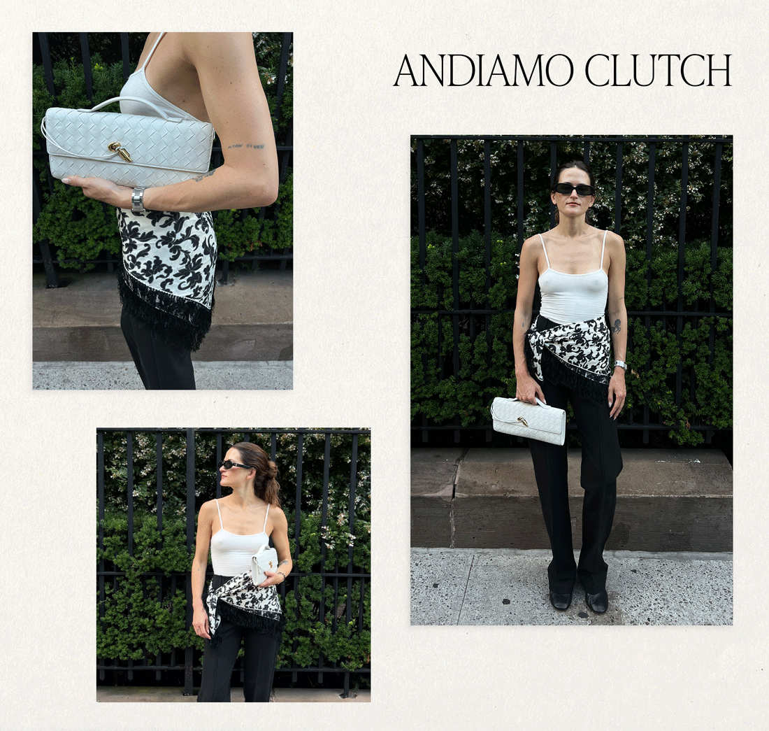 A collage of photos of Eliza Huber carrying the Bottega Veneta Andiamo Clutch in Sea Salt. She's wearing it with a white tank top, black-and-white scarf, and black pants.