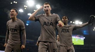 Dejan Kulusevski celebrates his late leveller for Tottenham against Manchester City in December 2023.