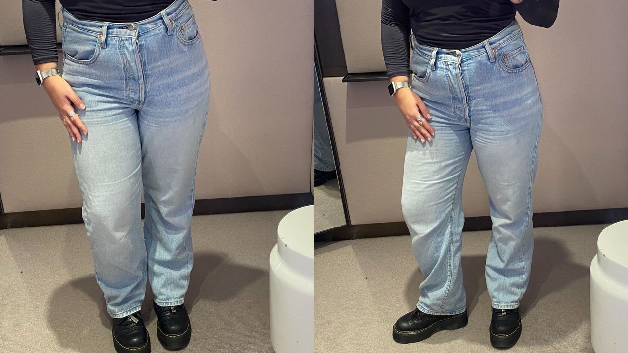 try-on image of levi's ribcage straight jeans