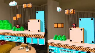 Images of Super Mario Bros in 3D AR in someone's living room