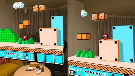 Images of Super Mario Bros in 3D AR in someone's living room 