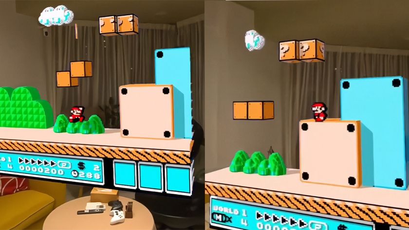 Images of Super Mario Bros in 3D AR in someone's living room 