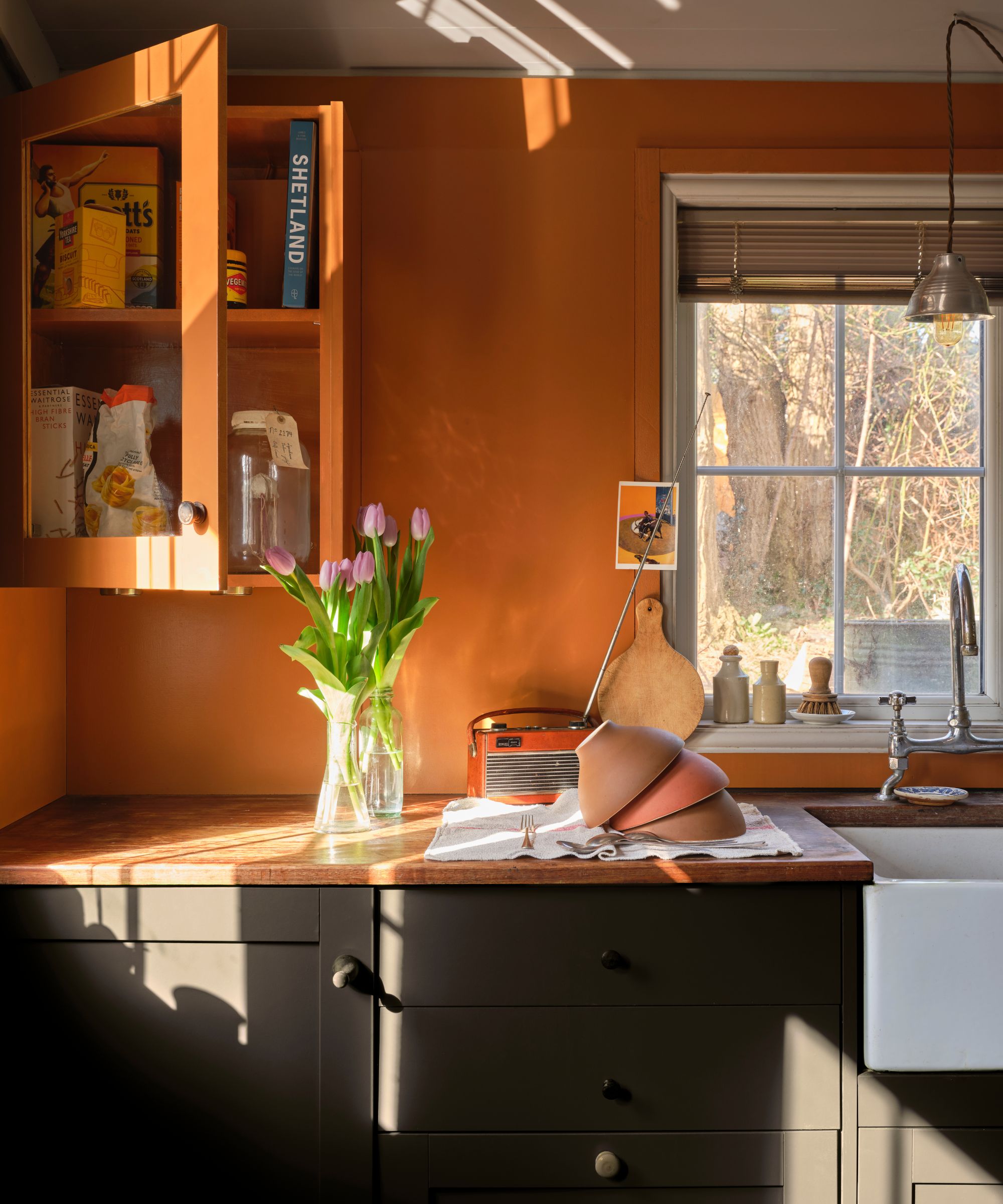 Charcoal and orange kitchen painted in Farrow &amp;amp; Ball&#039;s flat eggshell finish