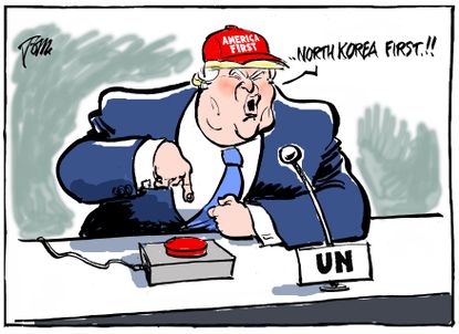 Political cartoon U.S. Trump UN speech North Korea nuclear weapons