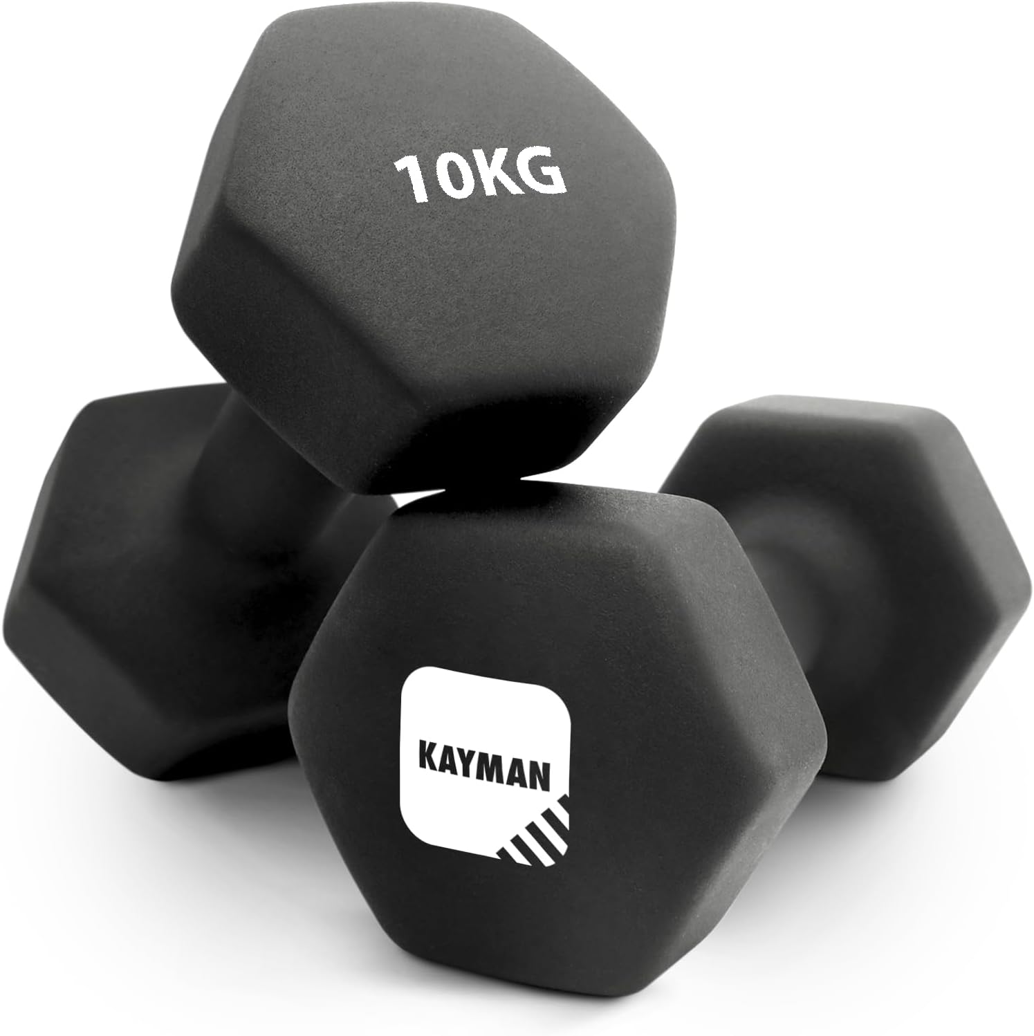 Kayman Neoprene Dumbbell Pair With Anti-Slip Grip, Hex Edges, Water-Resistant Surface &amp;amp; Free Workout Poster Guide - Weight Set for Home, Gym &amp;amp; Fitness Training Equipment - Unisex (10kg - Black)