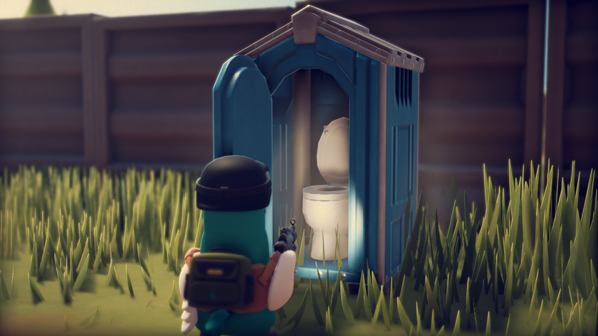 A duck points a submachinegun into a porta potty in Escape From Duckov.