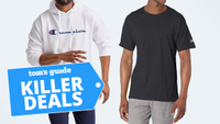 Silos of white Champion hoodie with logo on front and black t-shirt with Champion logo on left sleeve, plus Killer Deals badge 