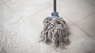 A tangled graying mop head on a tiled floor