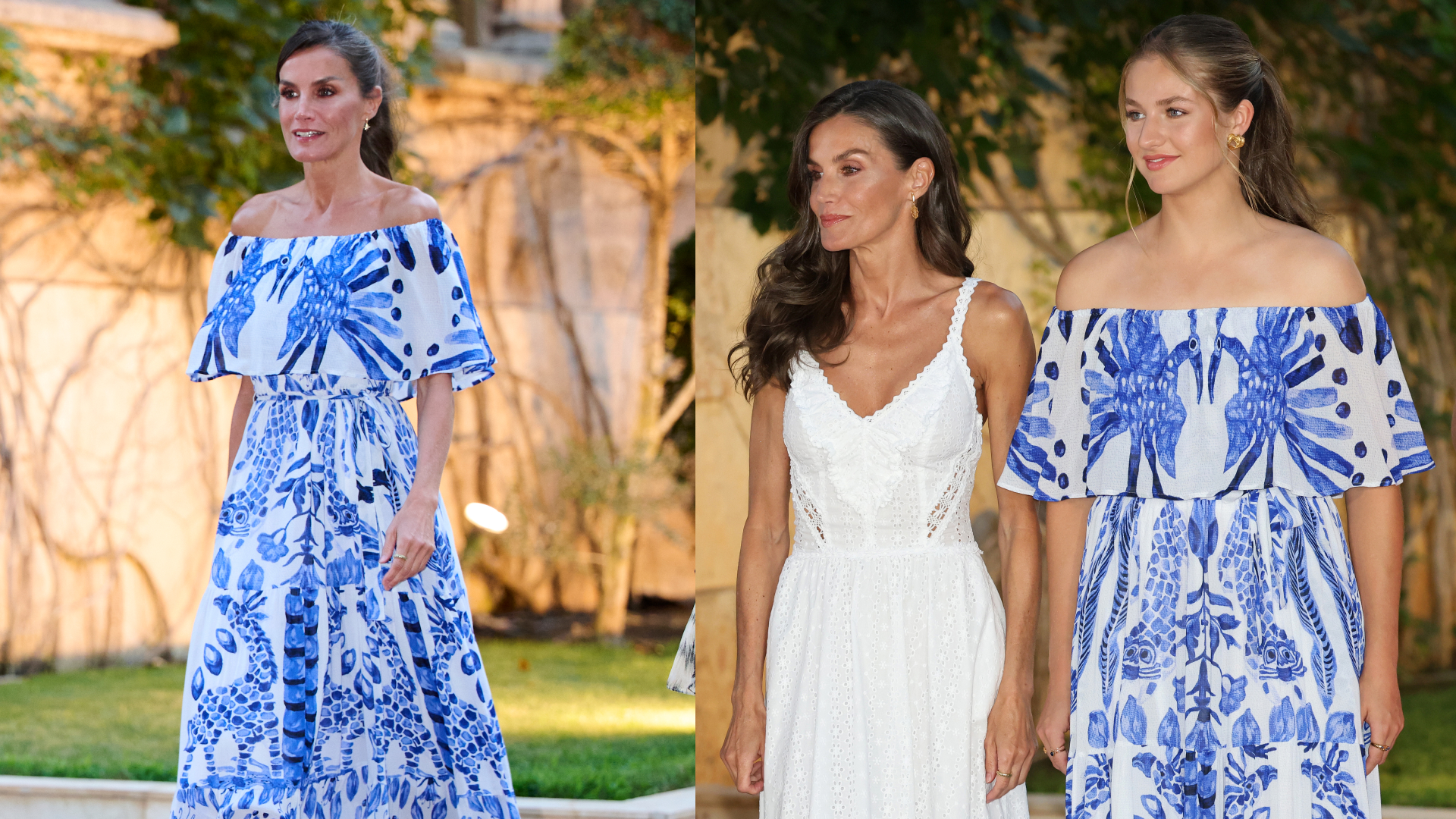 Queen Letizia wearing a blue and white off the shoulder dress; Princess Leonor wearing the same dress, standing next to Queen Letizia in a white sundress
