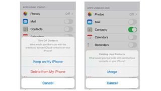 screenshots showing how to turn contact syncing on and off on an iPhone