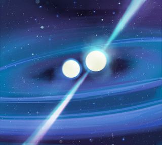 An artist's illustration of two doomed neutron stars spiraling in toward an eventual collision.